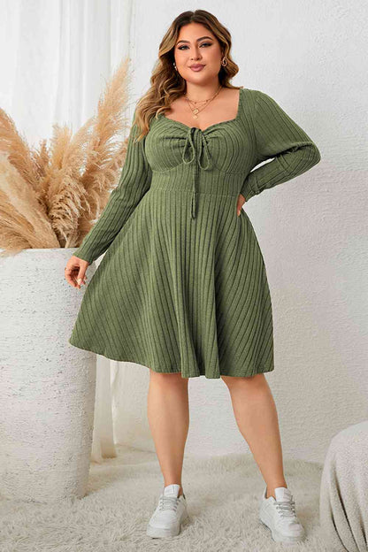 Women's Ribbed Knit Dress - Fit and Flare - Long Sleeve Square Neck Tie Front