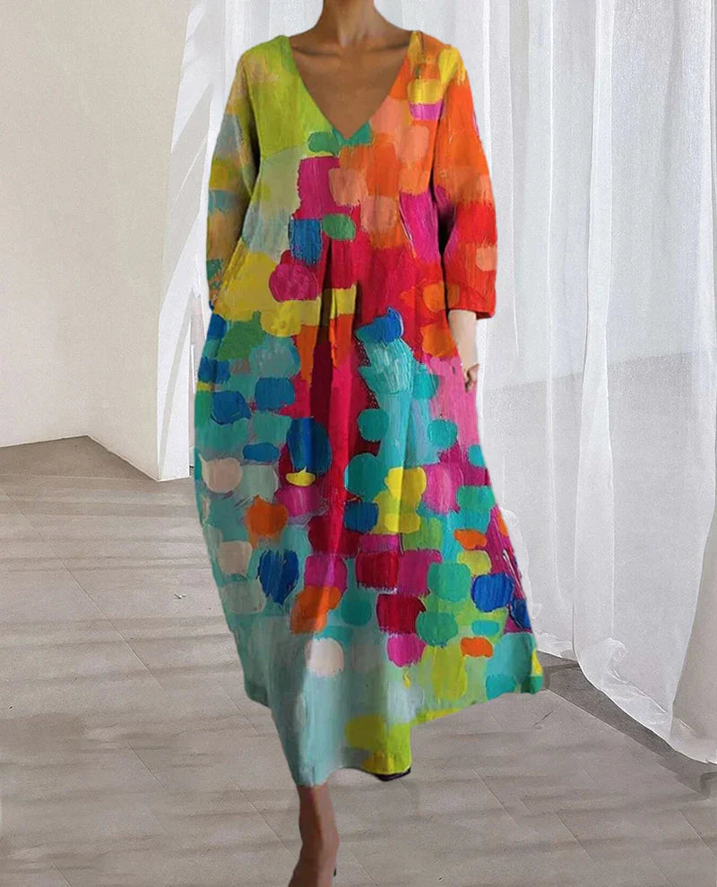 Women's V-Neck Dress - Loose Fit - Lightweight - Three-Quarter Sleeve Casual Wear