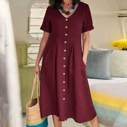 Women's Dress - Cotton Linen Blend - V-Neck Button Front - Short Sleeve Flared Fit