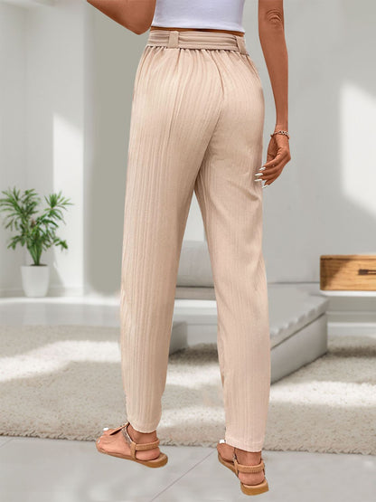 Women’s Paperbag Trousers - High Waist - Pleated Loose Fit - Belted Waist - Cuffed Hem