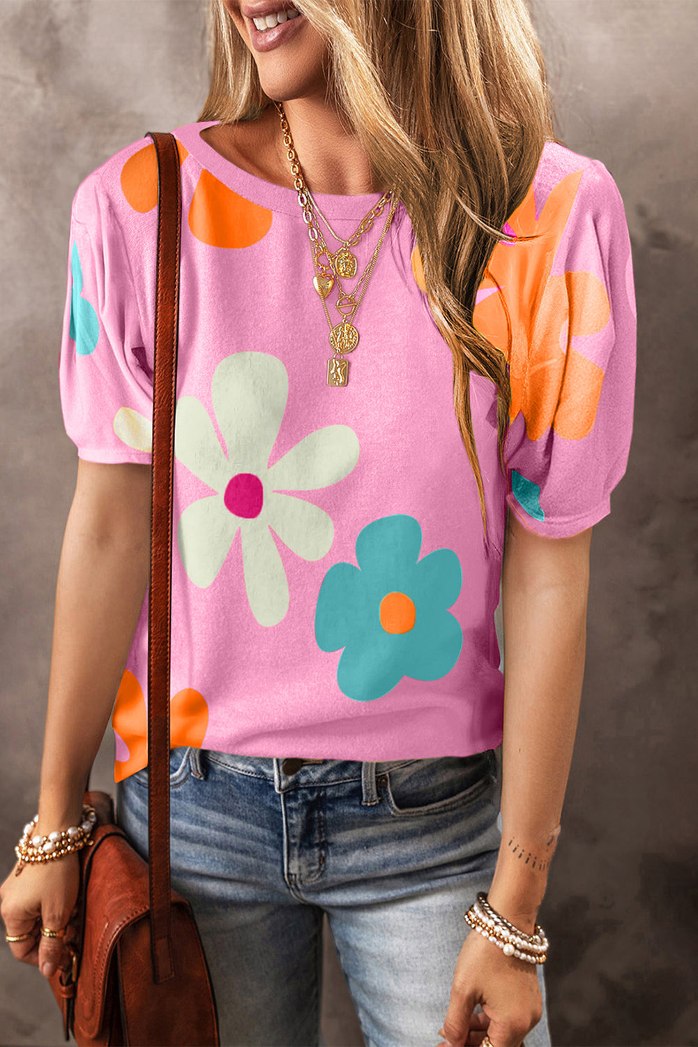 Printed flower pattern pullover short sleeve top for women