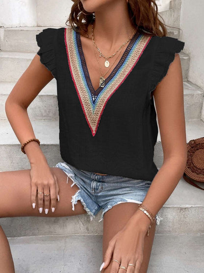 Women's Sleeveless Blouse - V-Neck Embroidered - Lightweight Flowy Ruffled