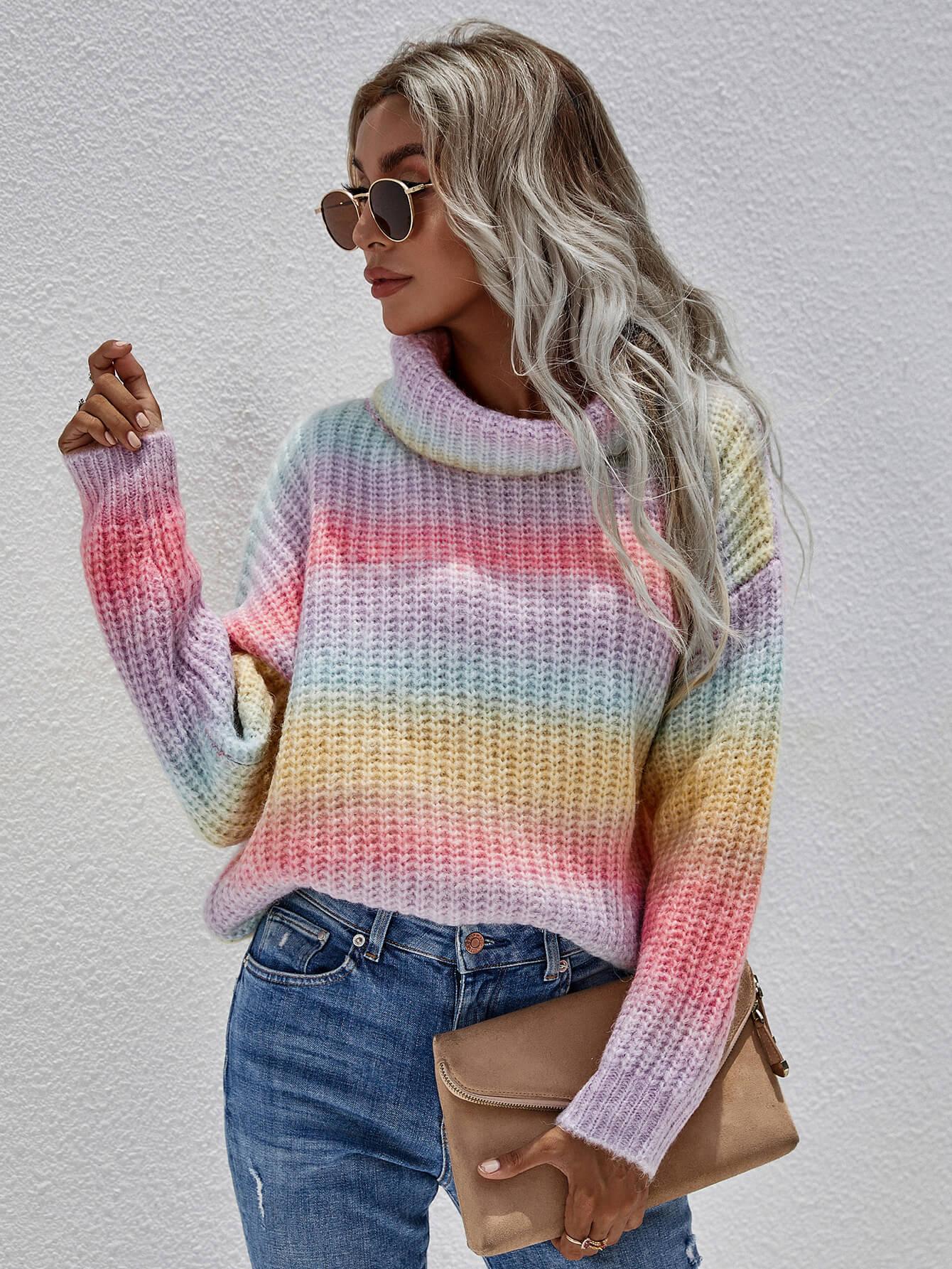 Women's rainbow ribbed turtleneck sweater with drop shoulders