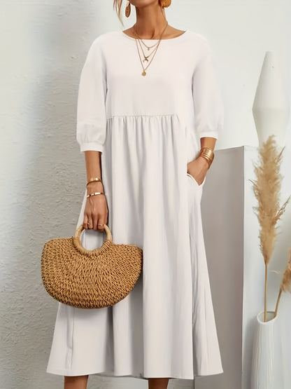 Women's Midi Dress - Empire Waist - Three-Quarter Sleeve - Elegant A-Line Fit