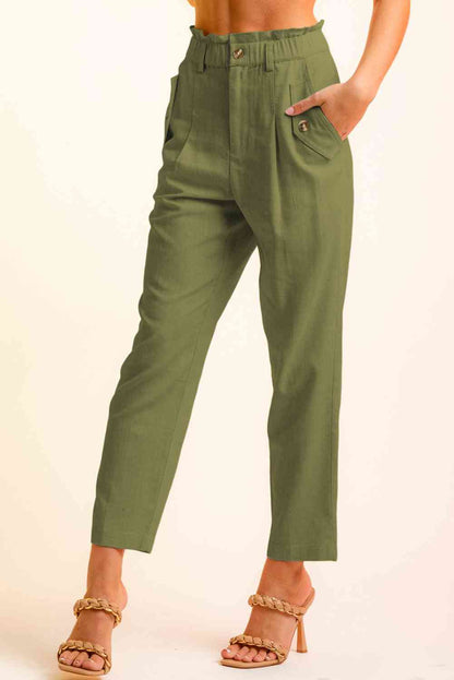 Women’s Cropped Pants – High Waist Paperbag Style – Button Detail – Tapered Fit Casual Wear