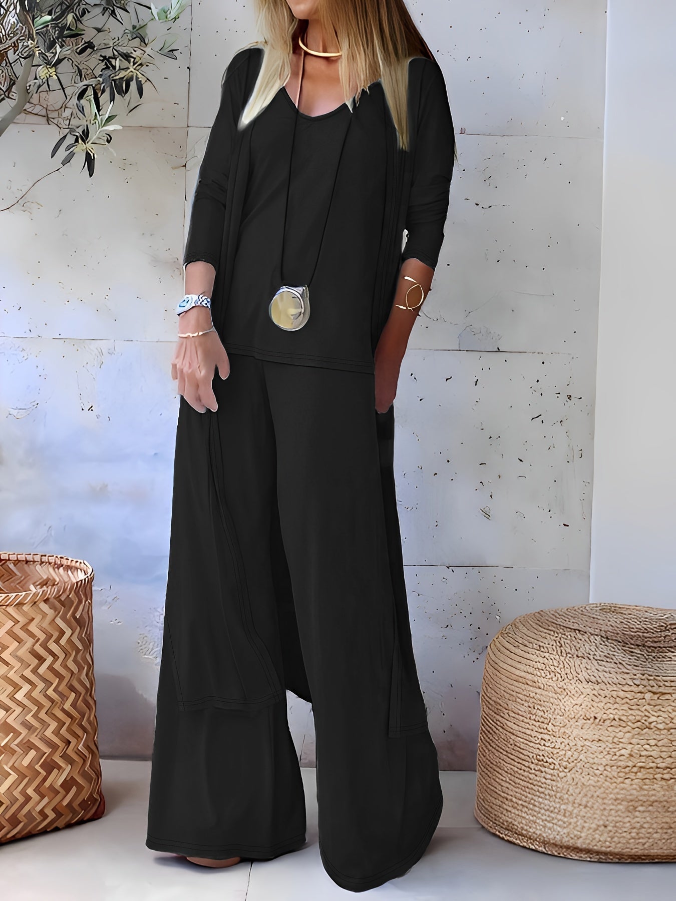Three-piece v-neck suspenders straight trousers cardigan suit for women
