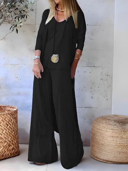 Three-piece v-neck suspenders straight trousers cardigan suit for women