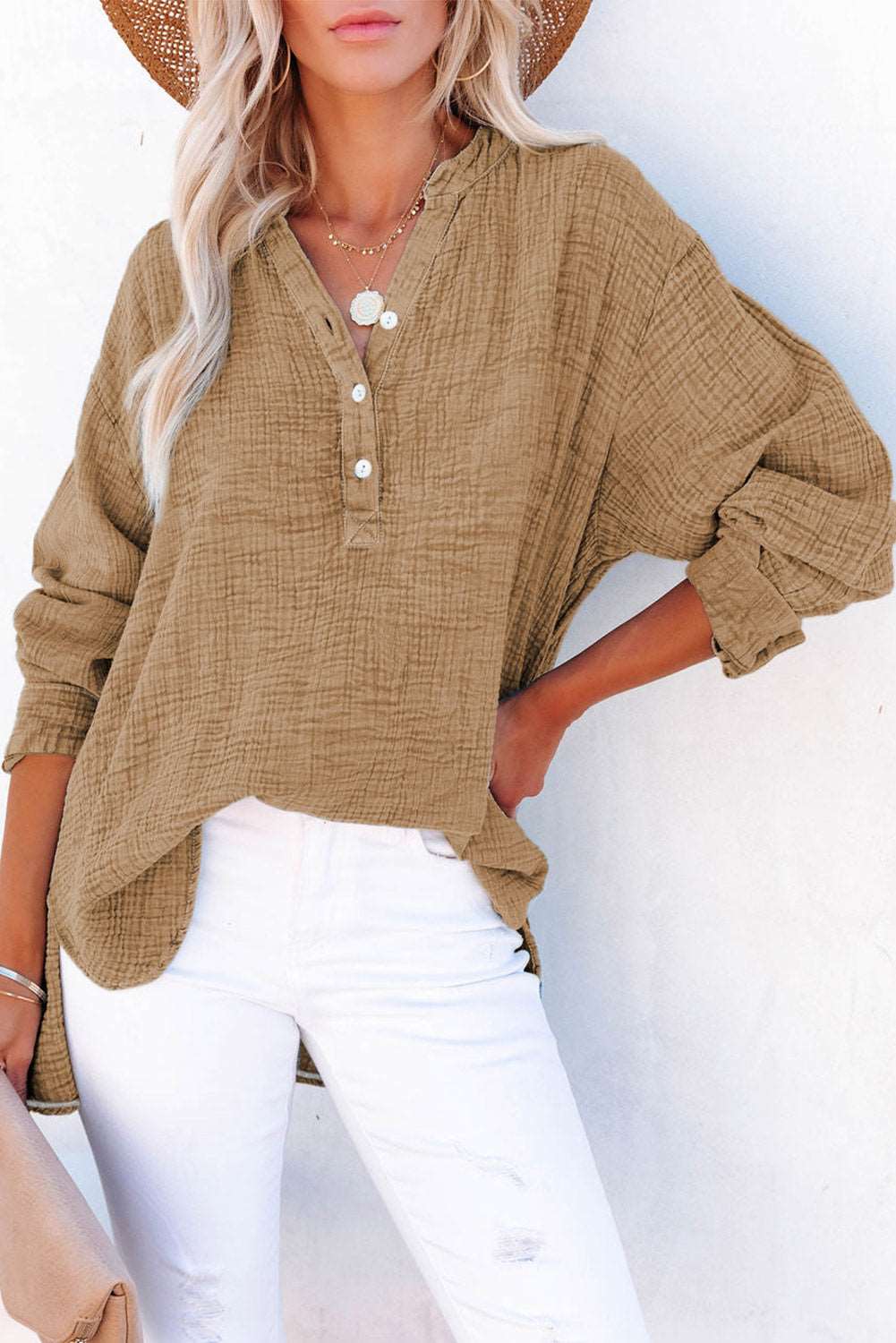 Women's Button-Up Blouse - V-Neck Loose Fit - Long Sleeve Casual Wear