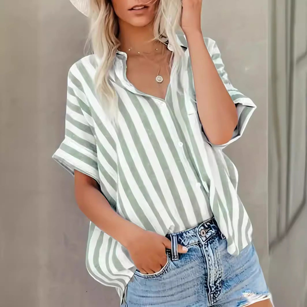 Women's Casual Top - Short Sleeve - Striped - High-Low Hem - Lightweight Breathable