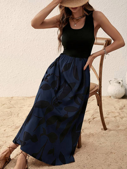 Women's Sleeveless Maxi Dress - Fitted Top - Flowy Botanical Print Skirt - Lightweight