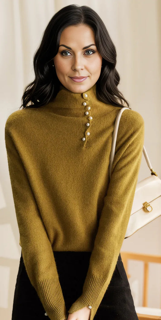 Soft Knit Pearl Button Detail Turtleneck Sweater