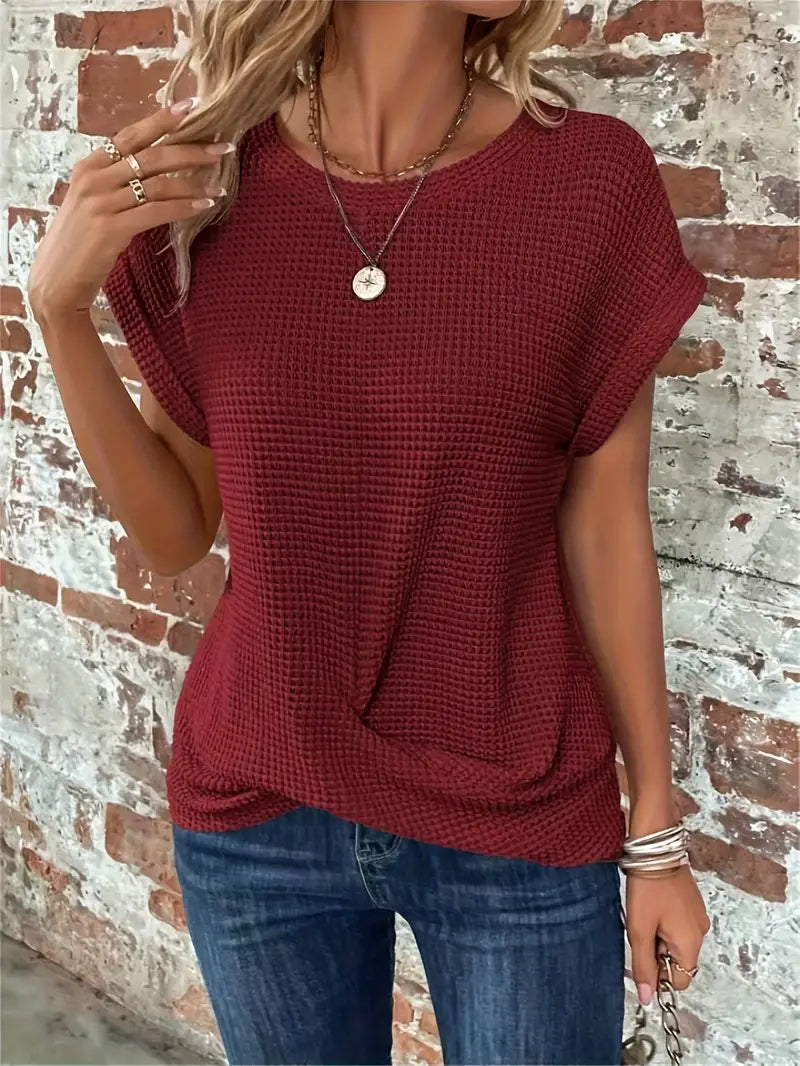 Women's Casual Top - Waffle Knit - Short Sleeve Rolled Cuff - Round Neck Relaxed Fit