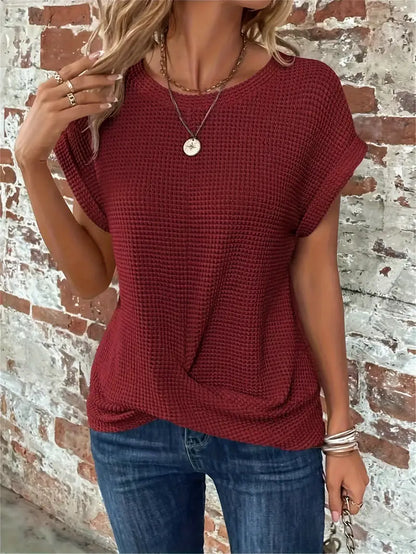 Women's Casual Top - Waffle Knit - Short Sleeve Rolled Cuff - Round Neck Relaxed Fit