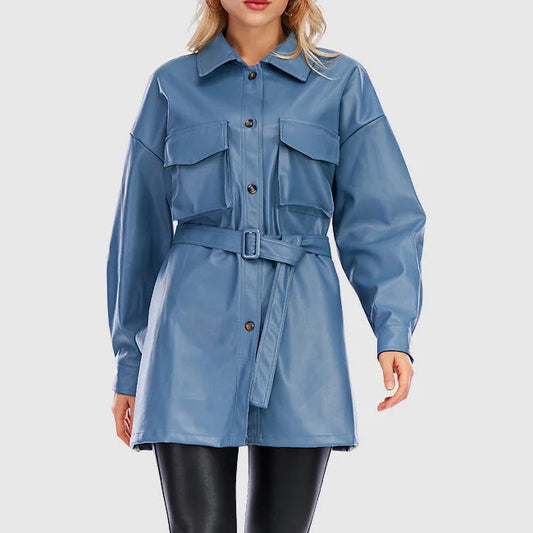 Belted PU Leather Jacket with Button Closure