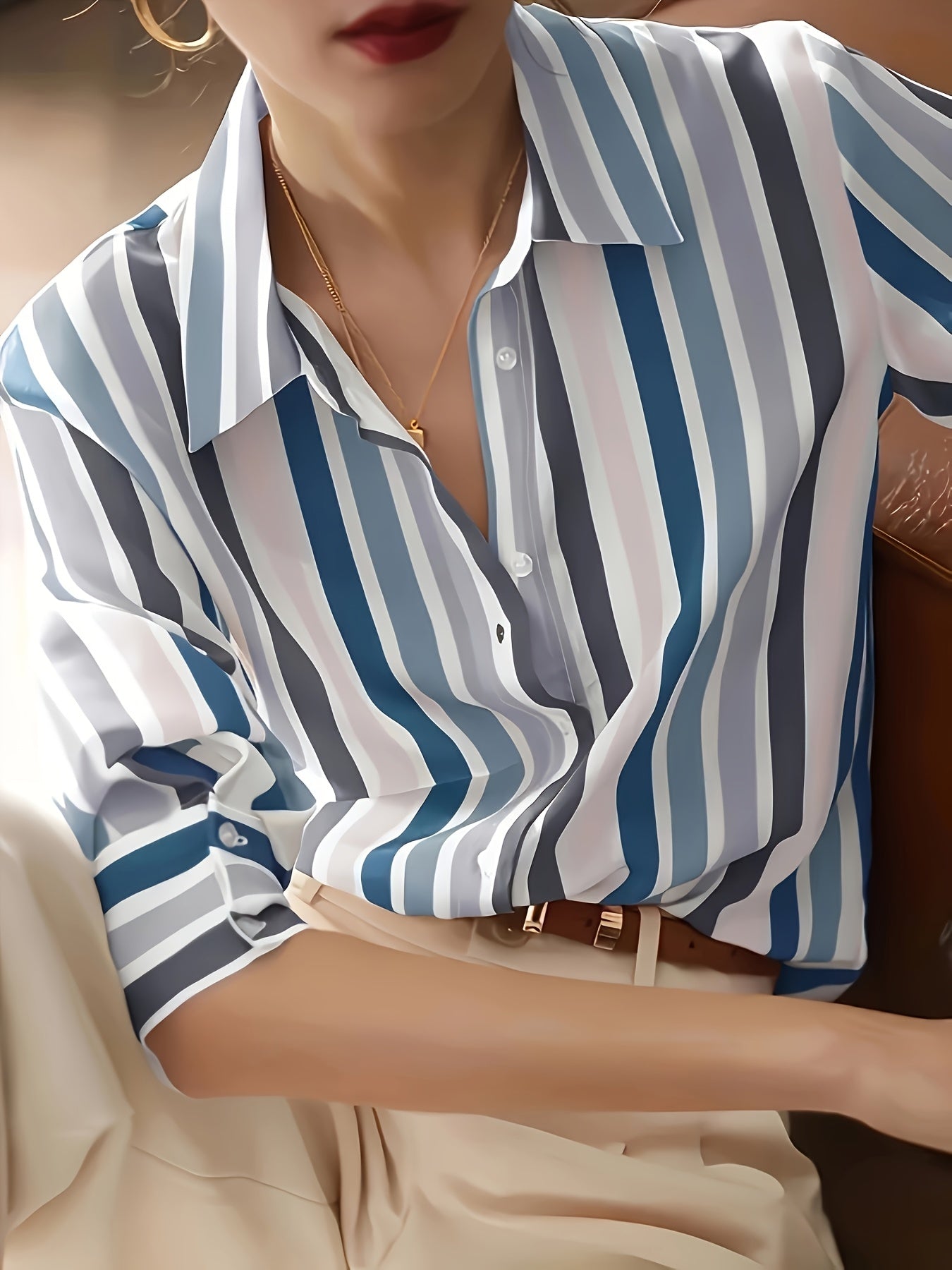 Women's Button-Down Blouse - Classic Collar - Vertical Striped - Long Sleeve