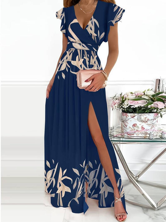 Botanical Print Flutter Sleeve Wrap Maxi Dress