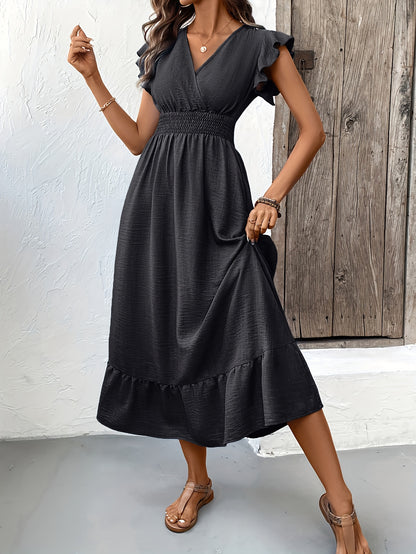 Women's Midi Dress - V-Neck Wrap Style - Flutter Sleeves - Smocked Waist - Ruffle Hem