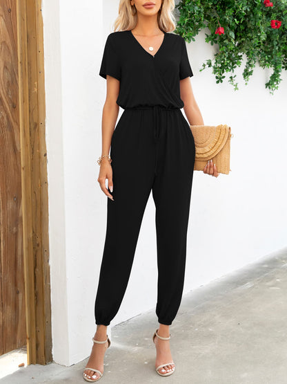 Women's v-neck short sleeve jumpsuit with pockets