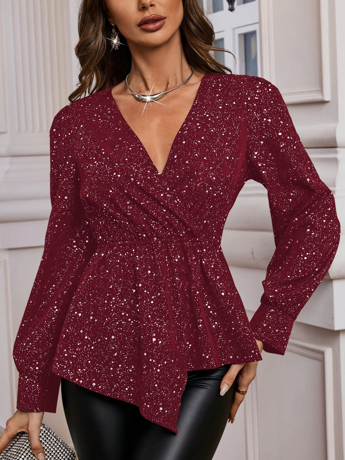 V-neck long-sleeved asymmetrical hem peplum top for women