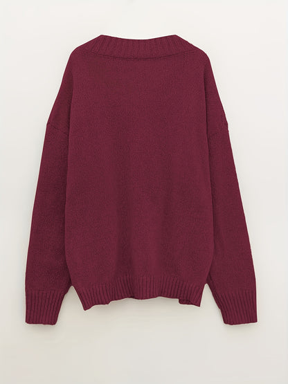Knit v-neck long-sleeve sweater with ribbed edges for women