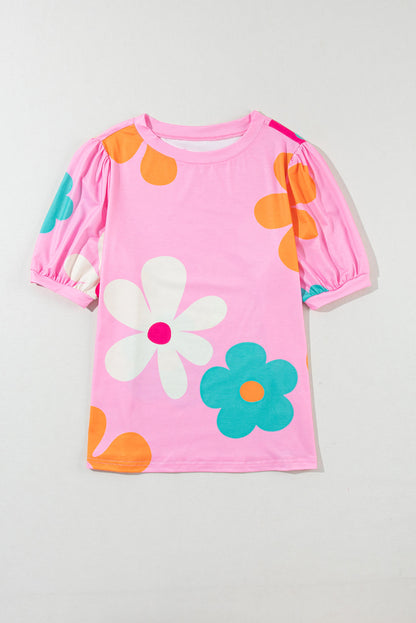 Printed flower pattern pullover short sleeve top for women