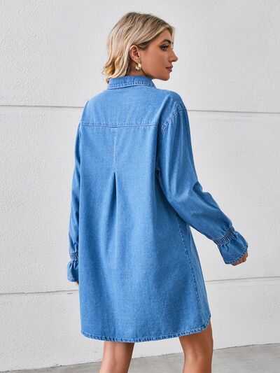 Women's Denim Shirt Dress - Button Down - Long Sleeve - Chest Pockets - Mini Length