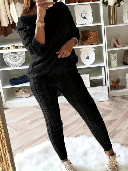 Women's Knit Sweater Set - Cable Knit - Oversized Off-Shoulder Sweater & Slim Pants