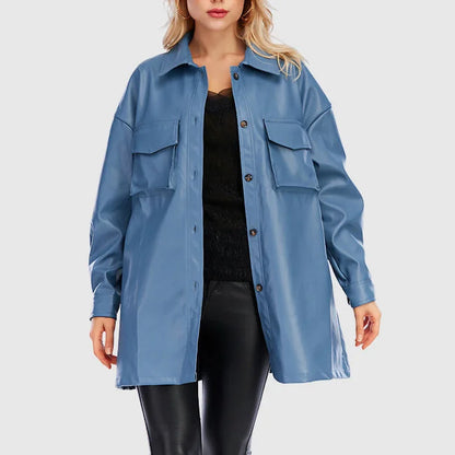 Women's stylish ding PU leather jacket with belt and button closure