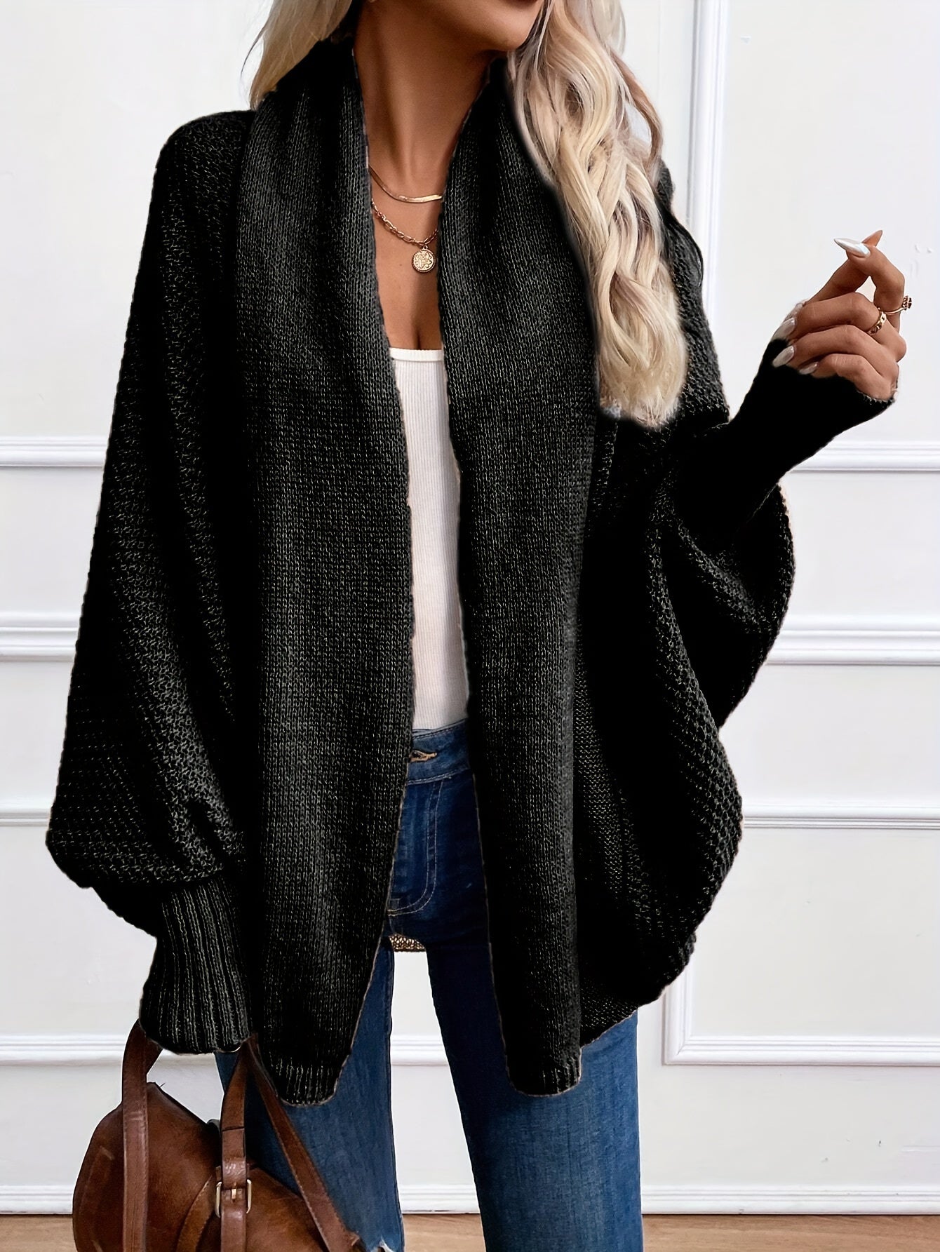 Solid color batwing sleeve knitted sweater for women
