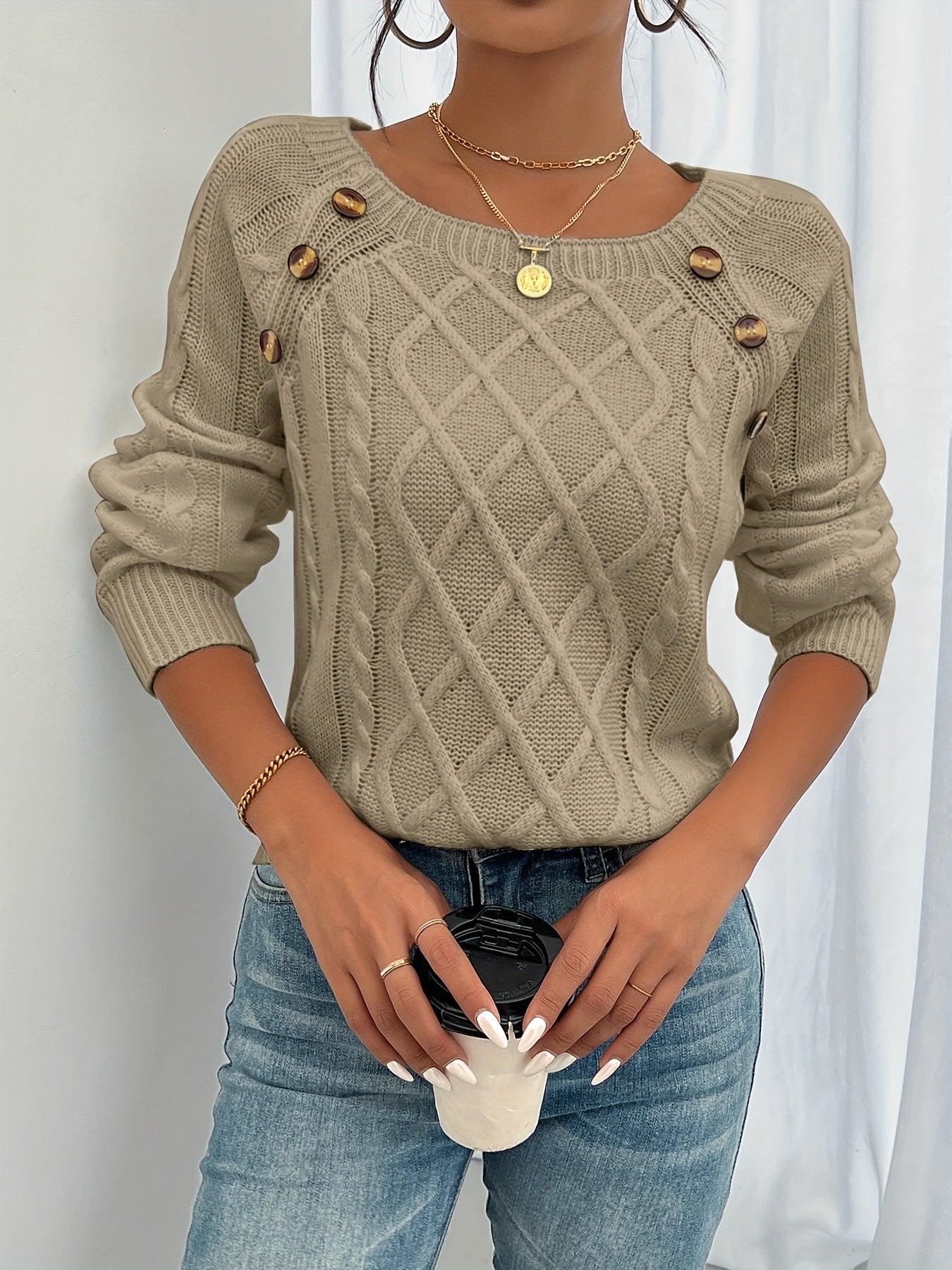 Women’s Knit Top – Relaxed Fit – Cable Knit Texture – Dropped Shoulder – Button Detail