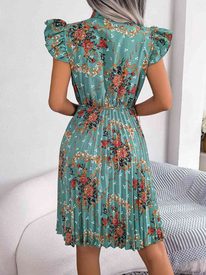 Women's Midi Dress - Fit-and-Flare - Tie Neck - Flutter Sleeve - Pleated Floral Print