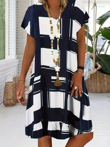 Women's Midi Dress - Loose Fit - V-Neck Short Sleeve - Geometric Pattern - Ruffle Hem