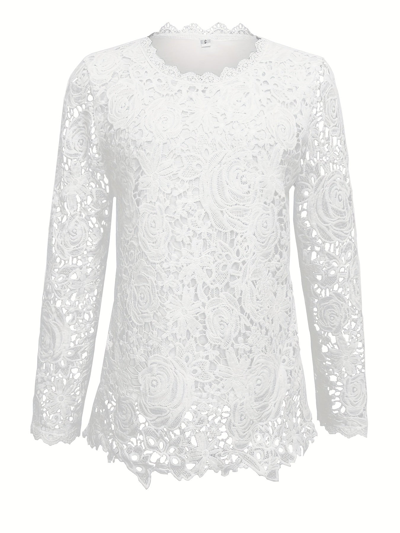 Women's Lace Blouse - Floral Pattern - Long Sleeve Sheer - Scalloped Hem Elegant