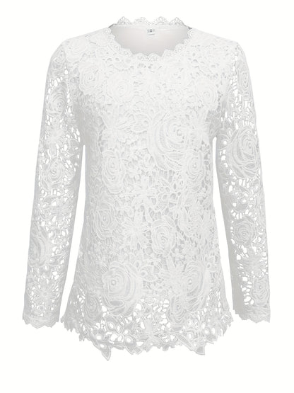 Women's Lace Blouse - Floral Pattern - Long Sleeve Sheer - Scalloped Hem Elegant
