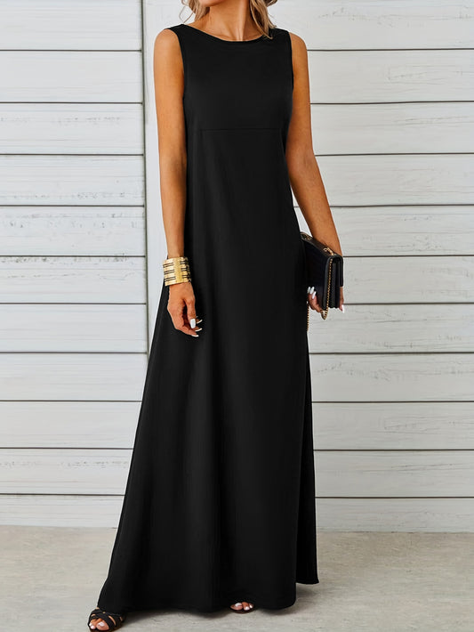 Sleeveless Solid Color Crew Neck Maxi Dress