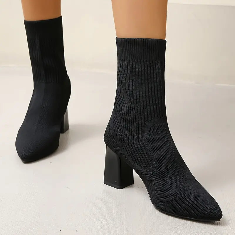 Women’s Ankle Boots - Knit Sock Style - Pointed Toe - Block Heel Comfort Fit