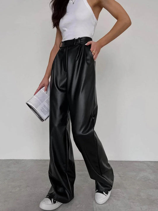 Faux Leather High Waist Wide-Leg Trousers 