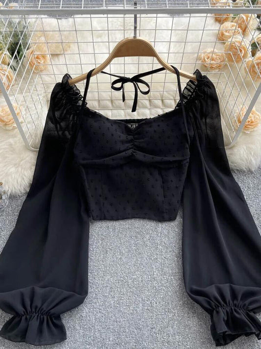 Sheer Sleeve Fitted Textured Crop Blouse