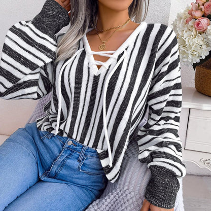 Women’s Knit Sweater - V-Neck Lace-Up - Long Sleeve - Striped Relaxed Fit Casual Wear