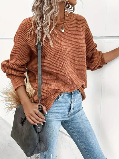 Women's elegant round neck sweater with batwing sleeves