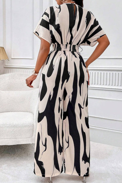 Women's Jumpsuit - V-Neck - Short Sleeve - Wide Leg - Cinched Waist - Lightweight