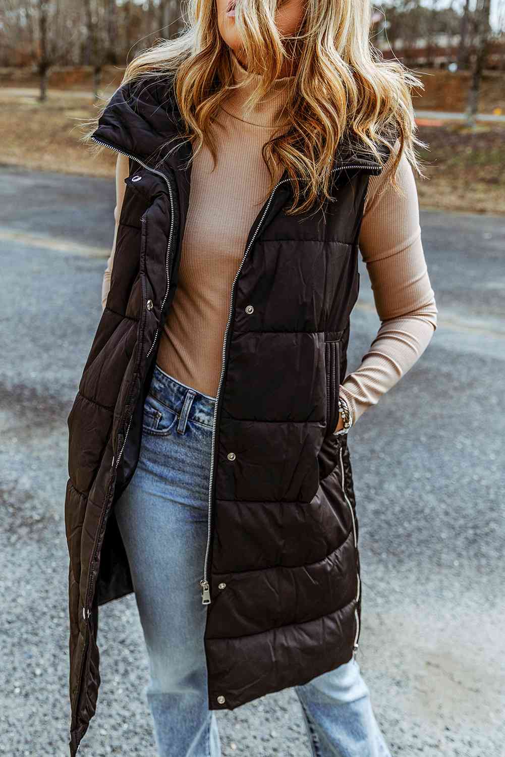 Paula - longline hooded sleeveless puffer vest