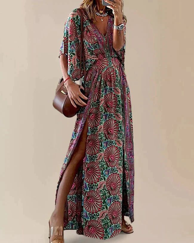 Women's Maxi Dress - Floral Print - Deep V-Neck - High Slit - Flowy Boho Style