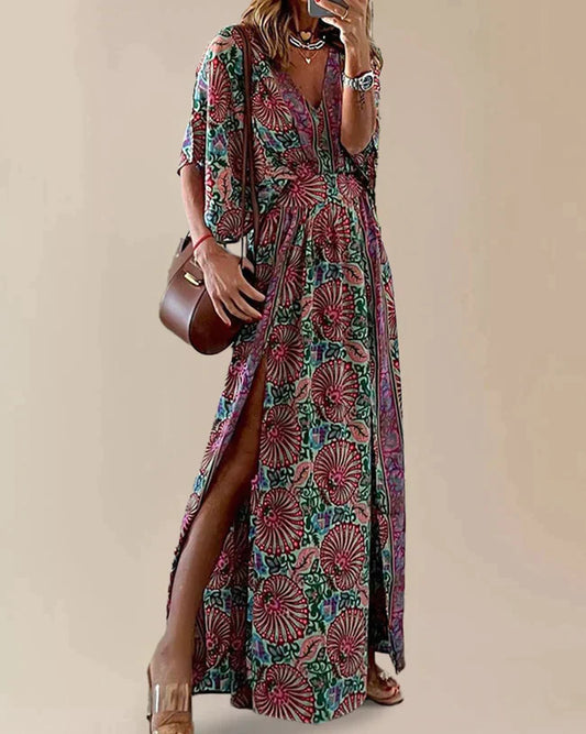 Floral Print Flowy Deep V-Neck Maxi Dress