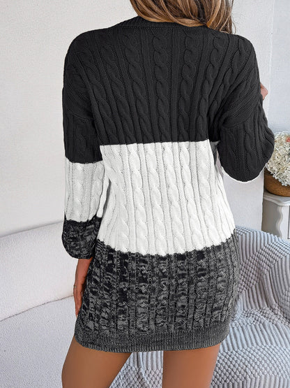 Women's Sweater Dress - Cable Knit - Color Block - Long Sleeve - Relaxed Fit