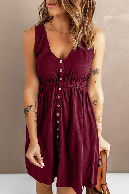 Women's Sleeveless Button-Up Mini Dress - V-Neck - Elastic Waist - Casual Fit