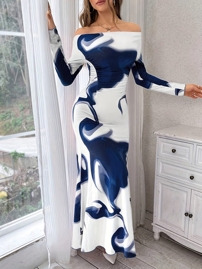 Off-shoulder abstract print ruched maxi dress for women