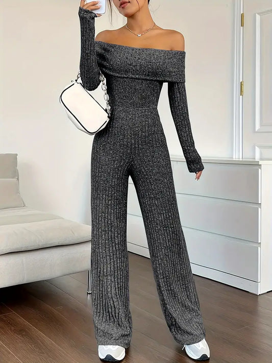 Ribbed Knit Off-Shoulder Wide-Leg Jumpsuit