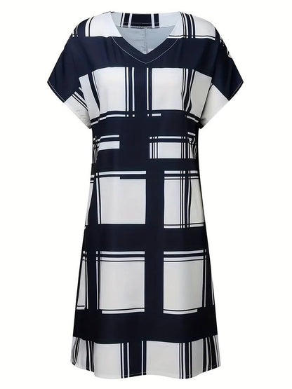 Women's Midi Dress - Loose Fit - V-Neck Short Sleeve - Geometric Pattern - Ruffle Hem