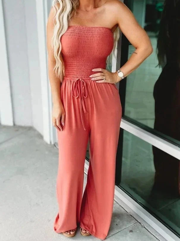 Women's strapless orange jumpsuit